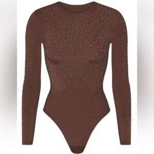 Brown Long Sleeve Bodysuit with Rhinestones